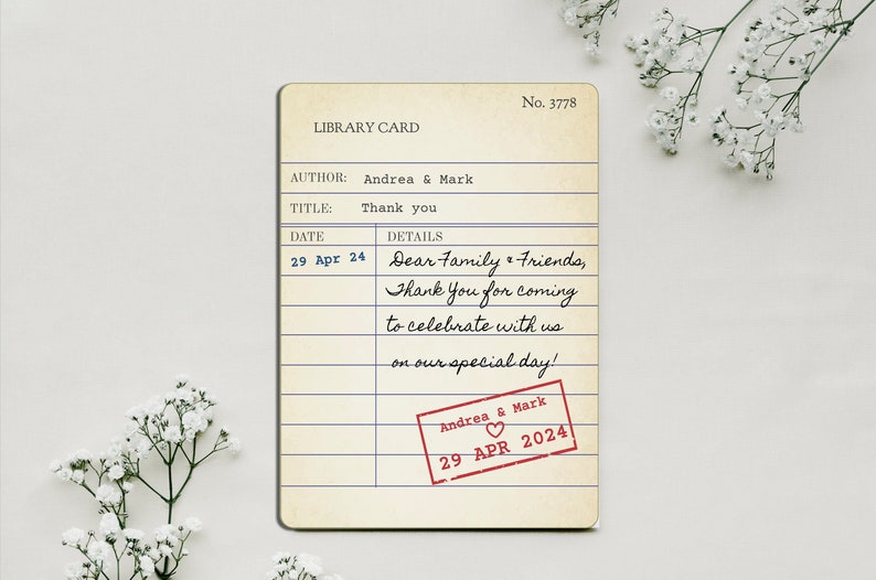 vintage library card Wedding Thank you Card, editable template, edit on mobile devices
