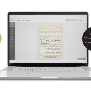 May include: A laptop screen shows a library card template for a book club. The card includes details such as the date, time, and book title. The words "EDITABLE TEMPLATE" and "INSTANT DOWNLOAD" are also displayed.
