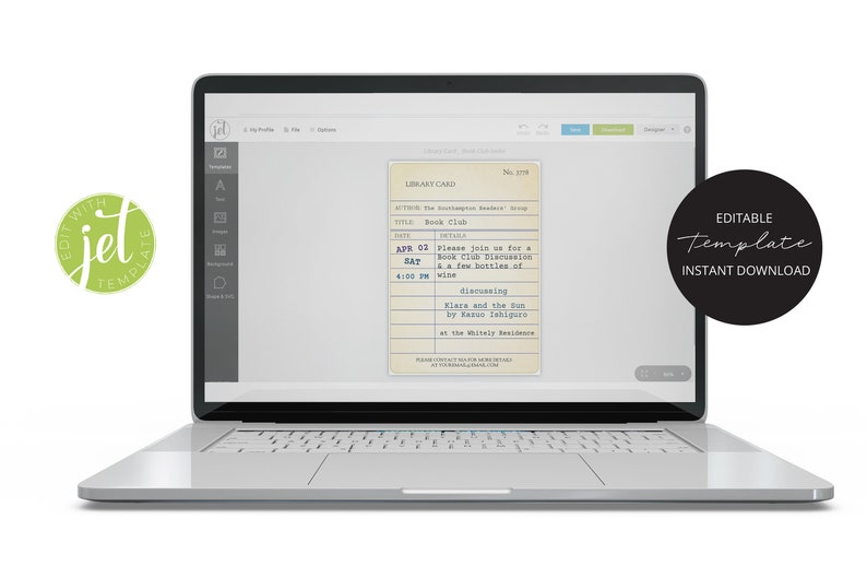 May include: A laptop screen shows a library card template for a book club. The card includes details such as the date, time, and book title. The words "EDITABLE TEMPLATE" and "INSTANT DOWNLOAD" are also displayed.