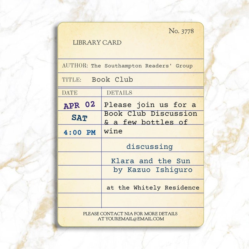 May include: A cream-coloured library card announcing a book club meeting. The card details a discussion of "Klara and the Sun" by Kazuo Ishiguro on April 2nd at 4:00 PM, with wine. Contact details are included at the bottom.