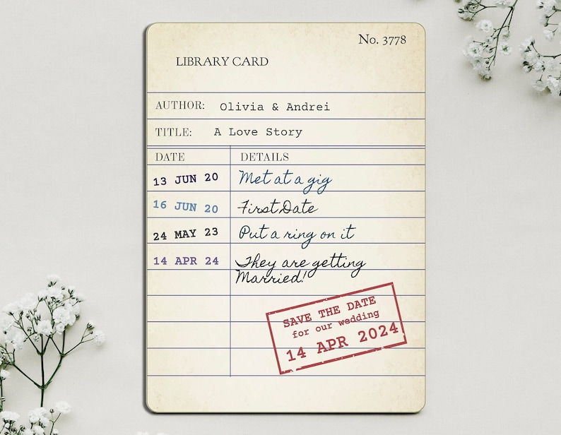 May include: A vintage library card design with the title "A Love Story" and the names Olivia & Andrei. Key dates are noted, such as "Met at a gig" and "First Date." A red stamp reads "Save the Date for our wedding 14 APR 2024."
