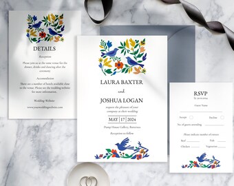 Wedding Invitation Set, Blue Bird Wedding Invite Template, Instant Download, Henri Matisse Artist Inspired Printable Wedding Invite