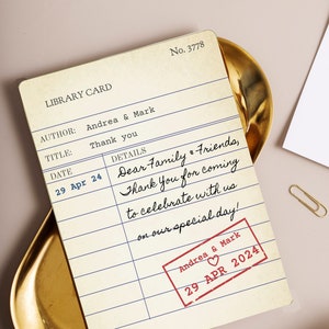 vintage library card Wedding Thank you Card, editable template, edit on mobile devices