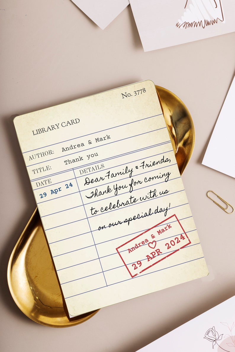 vintage library card Wedding Thank you Card, editable template, edit on mobile devices