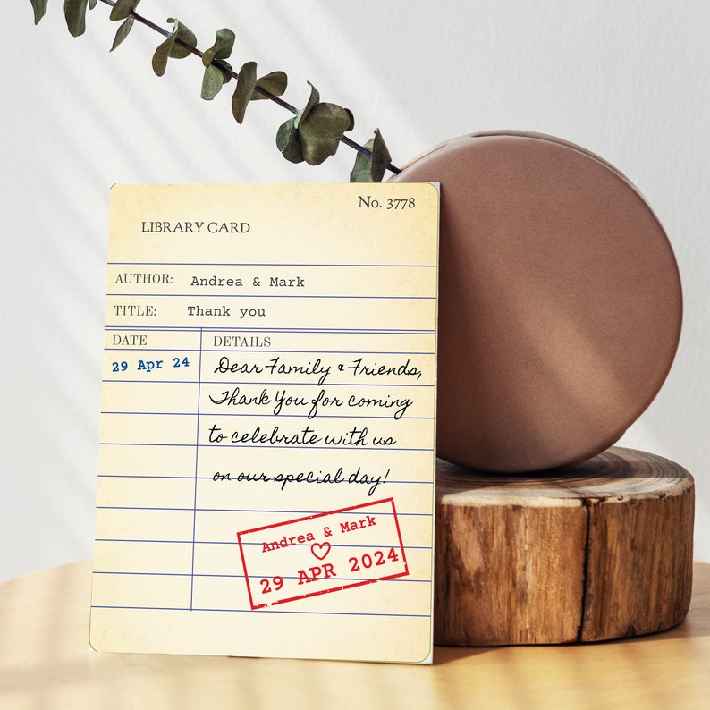 vintage library card Wedding Thank you Card, editable template, edit on mobile devices