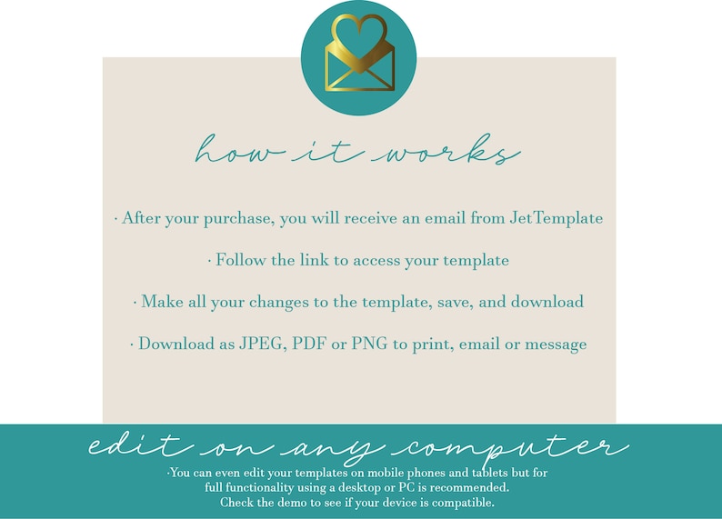 Pu&ograve; includere: Una guida al modello digitale con il testo "how it works" e le istruzioni per l'uso. La guida include i passaggi per accedere, modificare e scaricare i modelli come file JPEG, PDF o PNG. &Egrave; incluso anche il testo "edit on any computer".