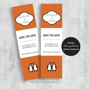 Penguin Book Save the Date Bookmark Template, Wedding Invitation, (Instant download, Printable Template, Customizable Text, 2 x 7)