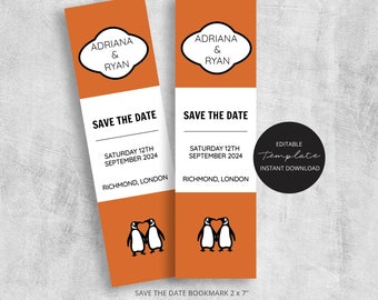 Penguin Book Save the Date Bookmark: Customizable Wedding Invitation (Printable Template, 2x7", Instant Download)
