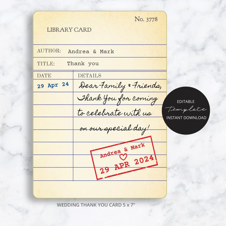 vintage library card Wedding Thank you Card, editable template, edit on mobile devices