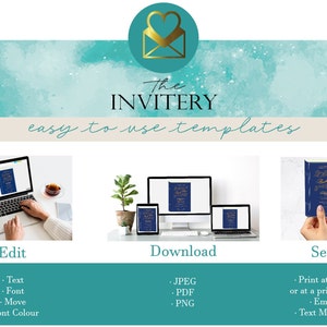 Peut inclure: Un fond d'aquarelle turquoise et blanc avec le texte "The Invitery" et "easy to use templates". En dessous, des images d'un ordinateur portable, d'une tablette et d'un t&eacute;l&eacute;phone affichant une invitation bleu marine. La section inf&eacute;rieure r&eacute;pertorie les options d'&eacute;dition, de t&eacute;l&eacute;chargement et d'envoi.