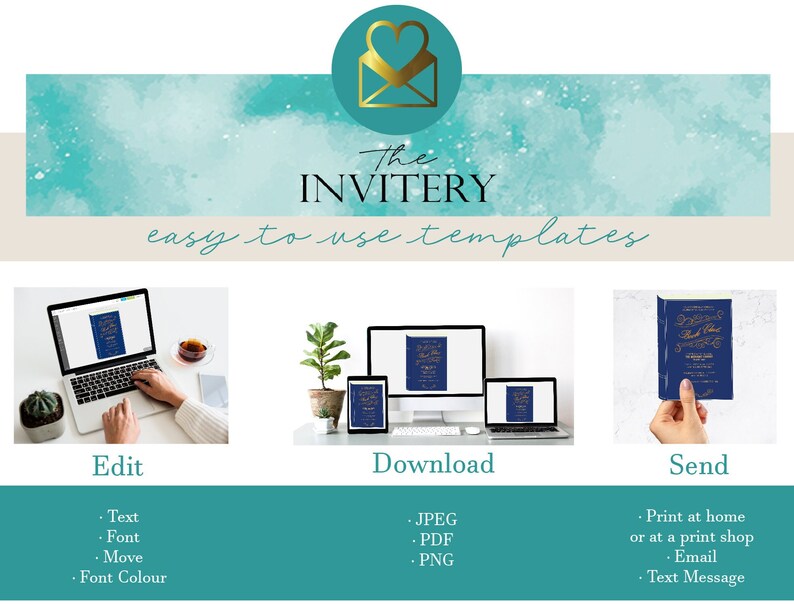 Peut inclure: Un fond d'aquarelle turquoise et blanc avec le texte "The Invitery" et "easy to use templates". En dessous, des images d'un ordinateur portable, d'une tablette et d'un t&eacute;l&eacute;phone affichant une invitation bleu marine. La section inf&eacute;rieure r&eacute;pertorie les options d'&eacute;dition, de t&eacute;l&eacute;chargement et d'envoi.