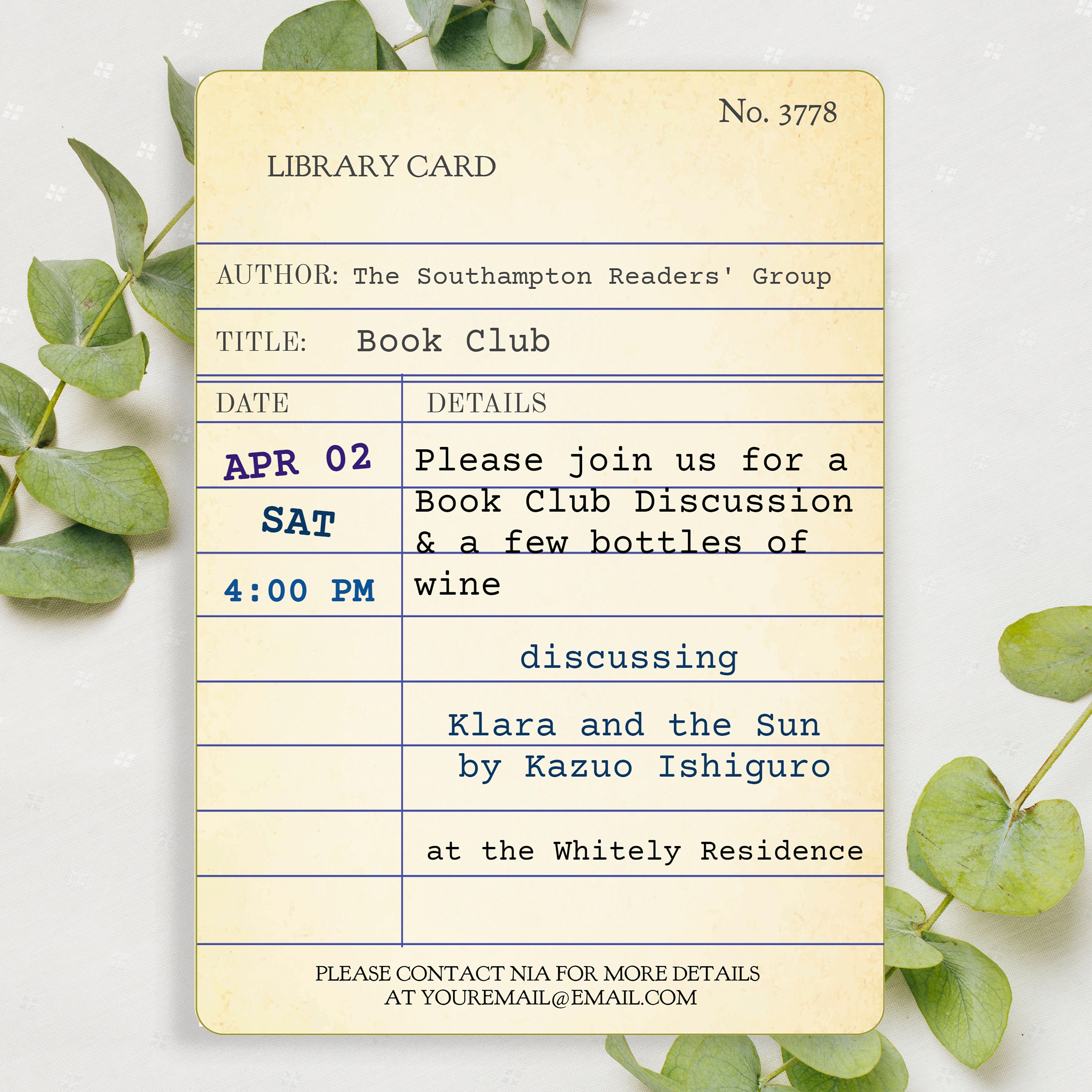 Editable BOOK CLUB Invitation Template, Vintage Library Card Invite ...