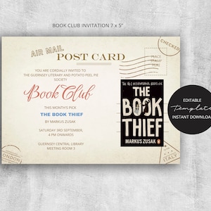 Invitation BOOK CLUB modifiable, invitation de carte postale vintage, flyer club de lecture modifiable pour impression, email et texte, téléchargement immédiat