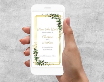 Elegant Digital Save the Date Template, Leaves and Gold Border, Editable Electronic Save the Date Invite, Text and Email