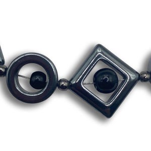 Geometric Hematite, Jet Glass Beads & Chain Necklace, Metal Bead Spacers