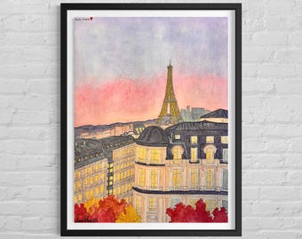 Paris Rooftop Sunrise, Eiffel Tower Watercolor Painting