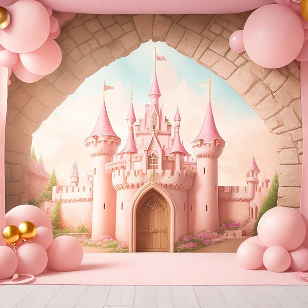 Princess Peach inspired digital backdrops, pink castle, balloons