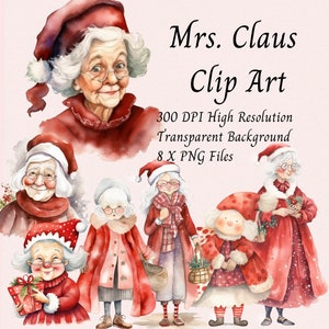 Conjunto de clipart de Natal da Sra. Claus - PNGs fofos e caprichosos em aquarela. Mrs Santa - Imagens tradicionais e modernas para artes e ofícios de Natal.