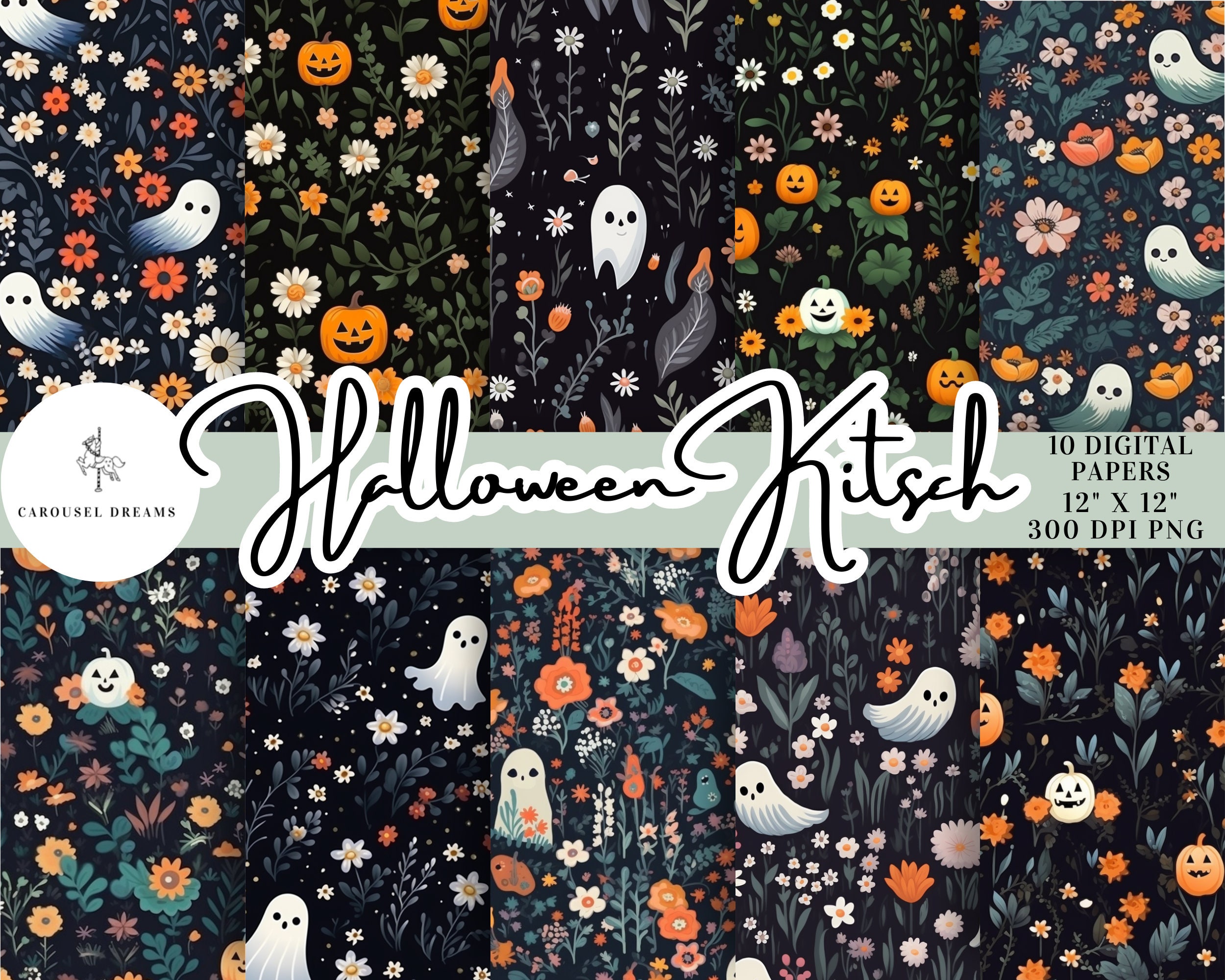 Halloween Kitsch 10 DIGITAL Paper Bundle - Natychmiastowe pobranie do druku Bezszwowy powtarzalny wzór Dynia Duch Kwiatowy Uroczy Komercyjne zastosowanie