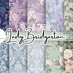 Bestseller, bundle di 12 carte digitali ispirate a Bridgerton, download istantaneo. Motivo ripetuto stampabile senza soluzione di continuità, Clipart, PNG per uso commerciale