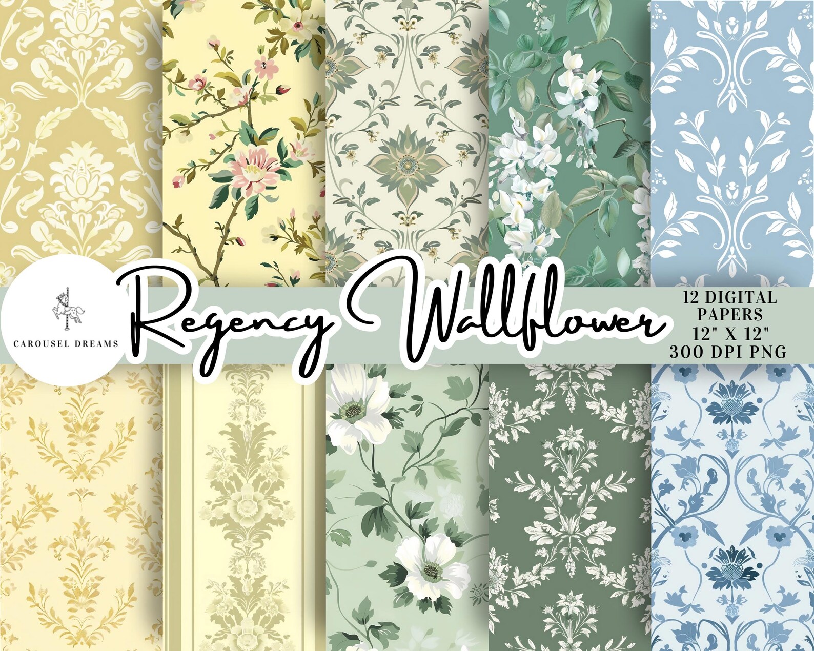 Regency Wallflower Digital Paper – Regency Floral Patterns Yellow Green ...