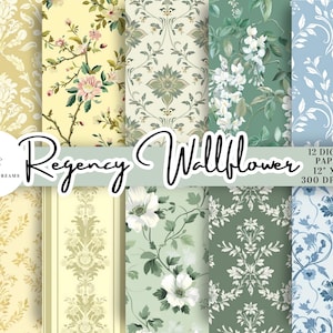 Regency Wallflower Digital Paper – Regency Floral Patterns yellow green blue (PNG, Digital Download)