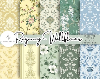 Papier cyfrowy Regency Wallflower – wzory kwiatowe Regency, żółto-zielono-niebieski (PNG, pobieranie cyfrowe)