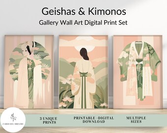 Japandi DIGITAL Art Print Set of 3: Kimono, Geisha, Blush Pink, Sage Green, Japanese, Scandi, Instant Download Printable Wall Art Bundle