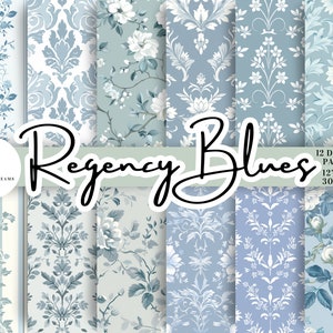 Może przedstawiać: Dwunastu cyfrowych papierów w stylu Regency Blues. Papiery prezentują różnorodne wzory kwiatowe i damaskowe w odcieniach niebieskiego i białego. Każdy papier ma rozmiar 30,5 cm x 30,5 cm i 300 DPI.
