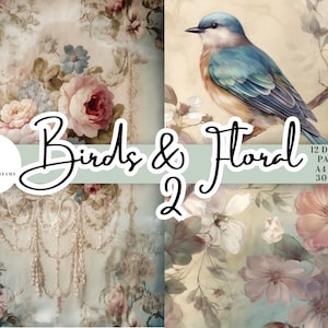 Shabby Chic Vintage Birds & Floral DIGITAL 12 x A4 Paquete de papel - DESCARGA INSTANTE. Diario basura imprimible con collage de álbumes de recortes de rosas y pájaros