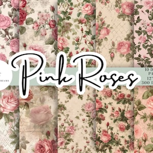 Vintage Pink Rose Junk Journal Pages- 10 DIGITAL Printable Paper Set. Pink Rose Ephemera Printable Paper for Scrapbooking, Planners