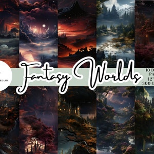 May include: A digital paper pack featuring 10 fantasy world scenes. Each image is 12 inches by 12 inches and 300 DPI. The scenes include castles, forests, mountains, and rivers. The images are in a dark, moody colour palette.