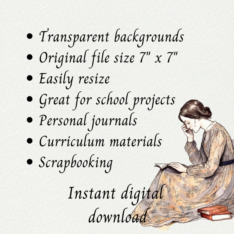 May include: A digital illustration of a woman reading a book. The image is in a watercolor style with a soft, muted color palette. The text on the image reads: "Transparent backgrounds, Original file size 7" x 7", Easily resize, Great for school projects, Personal journals, Curriculum materials, Scrapbooking, Instant digital download."