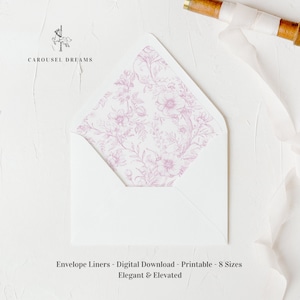 May include: A white envelope liner with a pink floral pattern. The liner is designed to be placed inside an envelope to add a decorative touch. The text "Envelope Liners - Digital Download - Printable - 8 Sizes" and "Elegant & Elevated" is printed below the envelope.