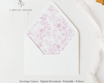 May include: A white envelope liner with a pink floral pattern. The liner is designed to be placed inside an envelope to add a decorative touch. The text "Envelope Liners - Digital Download - Printable - 8 Sizes" and "Elegant & Elevated" is printed below the envelope.