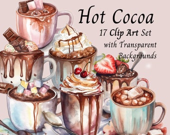 Hot Cocoa Clip Art Set - Cute Whimsical Winter Watercolor PNG's. Christmas Hot Chocolate and Marshmallow, Transparent Background Art & Craft