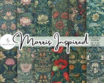 May include: Twelve digital papers inspired by William Morris, featuring floral and nature-inspired patterns in shades of green, red, and blue. Each paper is 12 inches by 12 inches and 300 DPI.