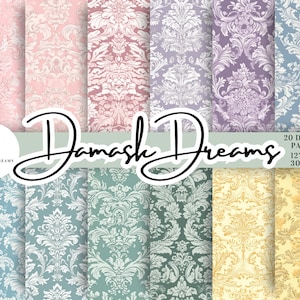 Puede incluir: Un conjunto de 20 papeles digitales con patrones de damasco en varios colores, incluyendo rosa, morado, azul, verde y amarillo. Los papeles miden 30,48 cm por 30,48 cm y 300 DPI.