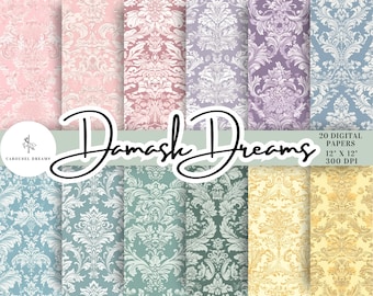 Damask Dreams 20 Digital Paper Pack - Natychmiastowe pobranie, Bezszwowy wzór powtarzania, Planer do druku, Bridgerton, Regencja, Papier do dziennika śmieci
