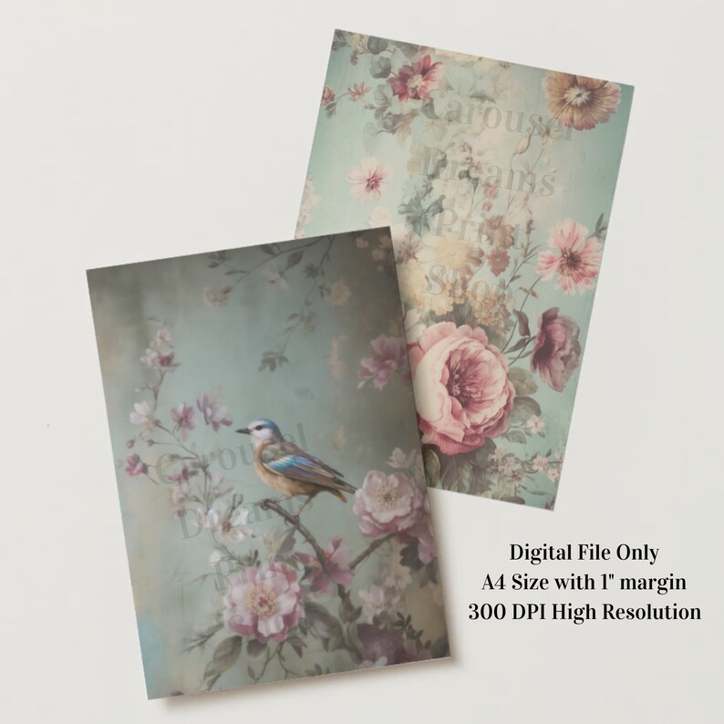 Shabby Chic Vintage Birds & Floral DIGITAL 12 X A4 Paper Pack - INSTANT ...