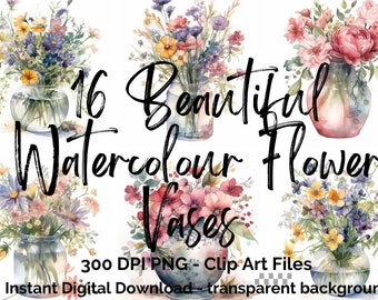 Watercolor Flower Vase Clipart – 16 PNG Images (Digital Download)
