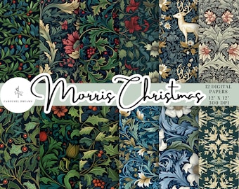 William Morris Inspired Christmas 12 DIGITAL Paper Pack - Natychmiastowe pobranie do druku, bezszwowy wzór, scrapbooking, karty, opakowanie, dziennik