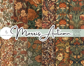 William Morris Inspired Autumn Fall DIGITAL Paper Pack - Natychmiastowe pobranie. Album ze zdjęciami, planer do wydrukowania, dziennik śmieci, bezproblemowe powtarzanie.
