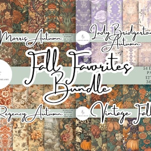 May include: A collection of 54 digital papers featuring autumn-themed designs. The image displays a variety of patterns, including floral and botanical motifs, in warm autumnal colours. The text "Fall Favourites Bundle" is visible, along with the collection names.