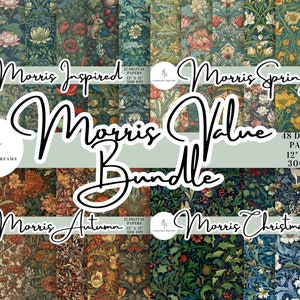 Può includere: Un pacchetto di carta digitale con 48 motivi floreali ispirati a William Morris. Il pacchetto include 12 disegni ciascuno per primavera, autunno, Natale e ispirato a Morris. Ogni disegno misura 30,5 cm per 30,5 cm e 300 DPI.