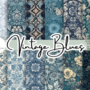 Vintage Blue Digital Seamless Paper 12 Pack -  Digital Scrapbook Instant Download Print Commercial Use Repeat Pattern Blues PNG Sublimation