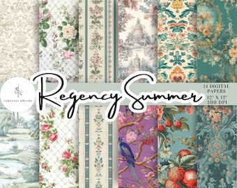 Regency Summer 14 Digital Paper Pack Instant Download. Papier do scrapbookingu, bezszwowy powtarzający się wzór, planer do druku, Bridgerton, Austen