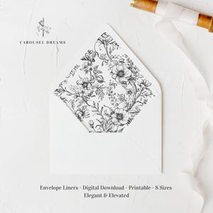 Druckbare Umschlag Liner, A7, Euro Klappe, Quadratische Klappe, 6,5 Quadrat, A6, 5,75 Quadratisch, 4 Stange, Hochzeitseinladungen, Französische Blumen Schwarz & Weiß