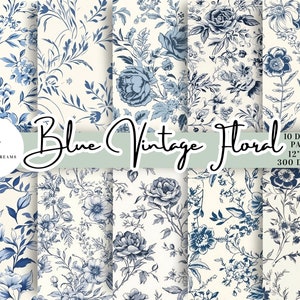 Best seller: pacchetto di 10 fogli di carta digitale floreale vintage blu, ripetizione senza cuciture, toile di campagna francese per uso commerciale