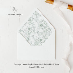 Druckbare Umschlag Liner, A7, Euro Klappe, Quadrat Klappe, 6,5 Quadrat, A6, 5,75 Quadrat, 4 Stange, Hochzeitseinladungen, French Sage Green Floral